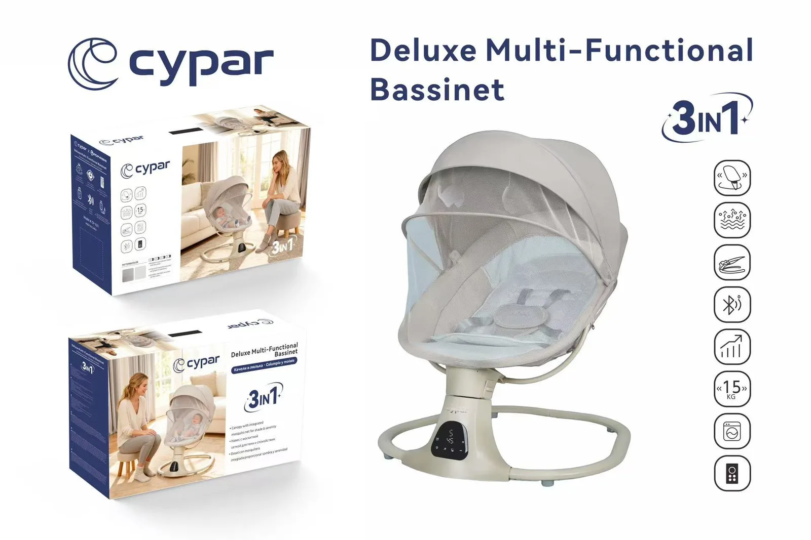 Cypar Deluxe Multi-Functional Bassinet 3 në 1 – Krevat, Lëkundëse & Karrige për Foshnja - imazh 2